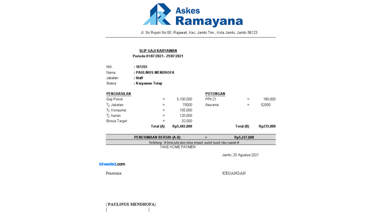 Contoh Slip Gaji Karyawan PT Asuransi Ramayana Tbk