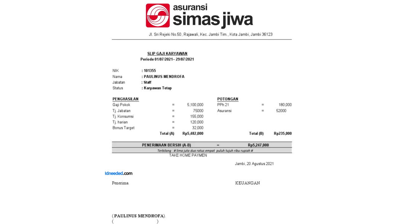 Contoh Slip Gaji Karyawan PT Asuransi Simas Jiwa