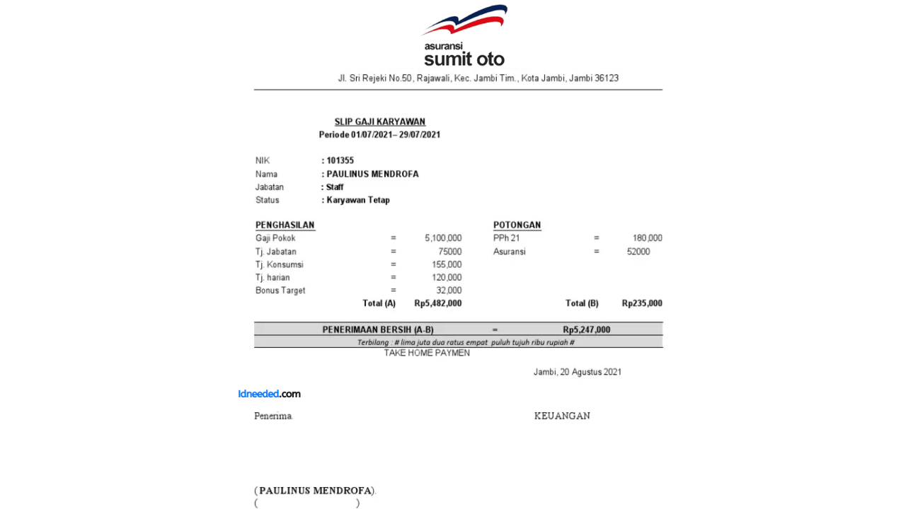 Contoh Slip Gaji Karyawan PT Asuransi Sumit Oto