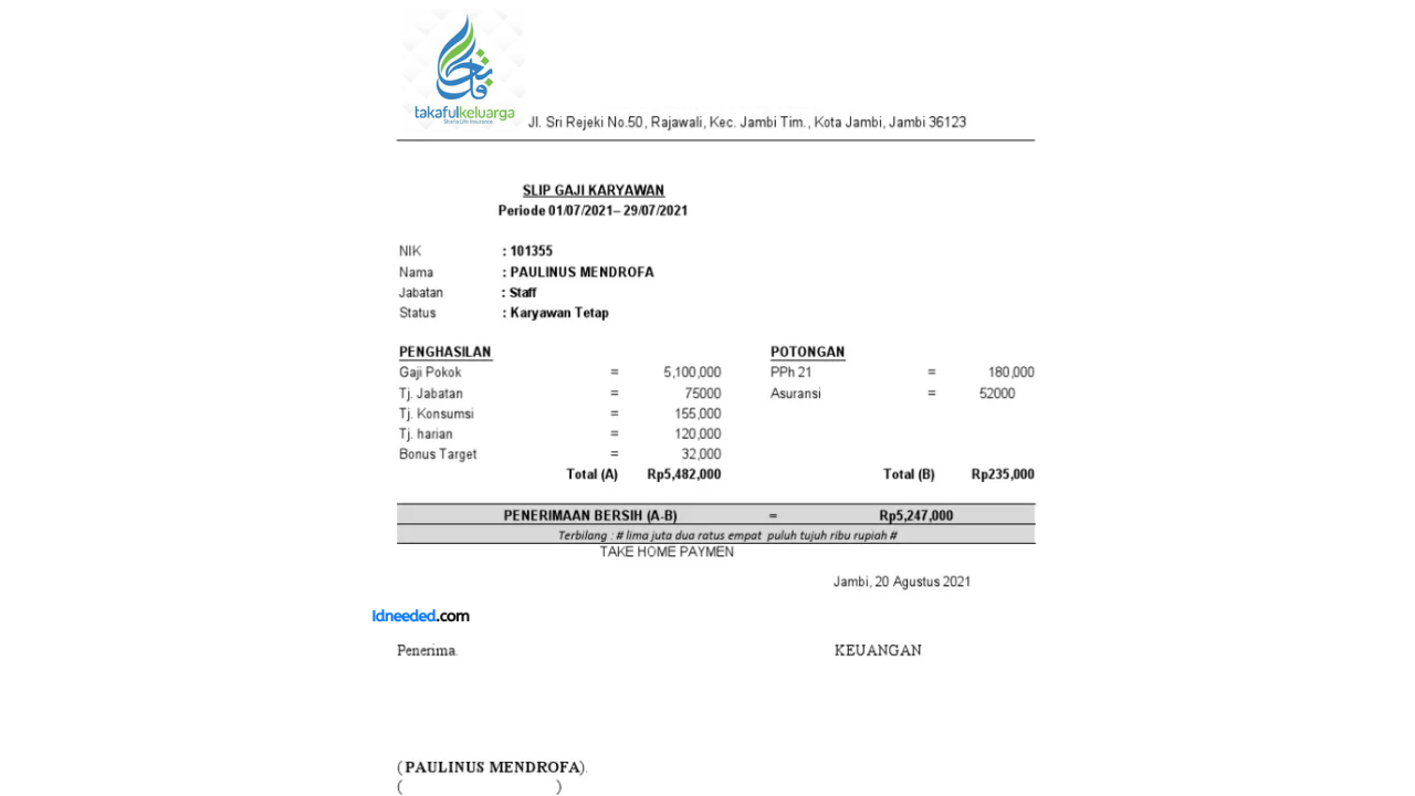 Contoh Slip Gaji Karyawan PT Asuransi Takaful Keluarga