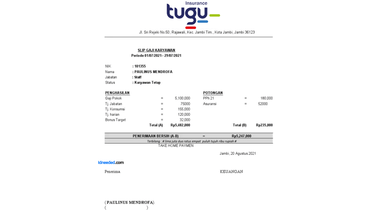 Contoh Slip Gaji Karyawan PT Asuransi Tugu Pratama Indonesia Tbk