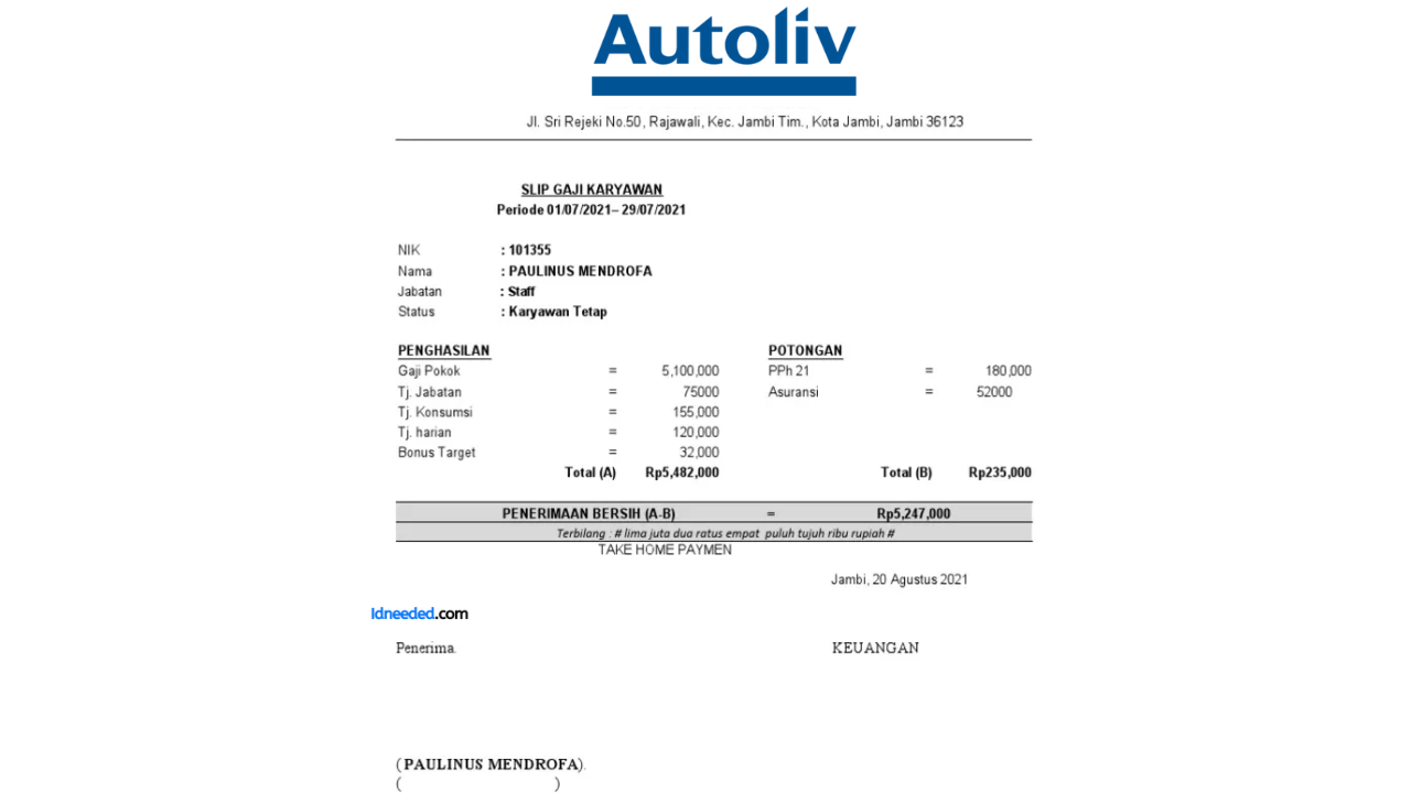 Contoh Slip Gaji Karyawan PT Autoliv Indonesia