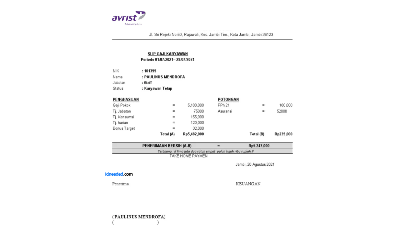 Contoh Slip Gaji Karyawan PT Avrist Assurance