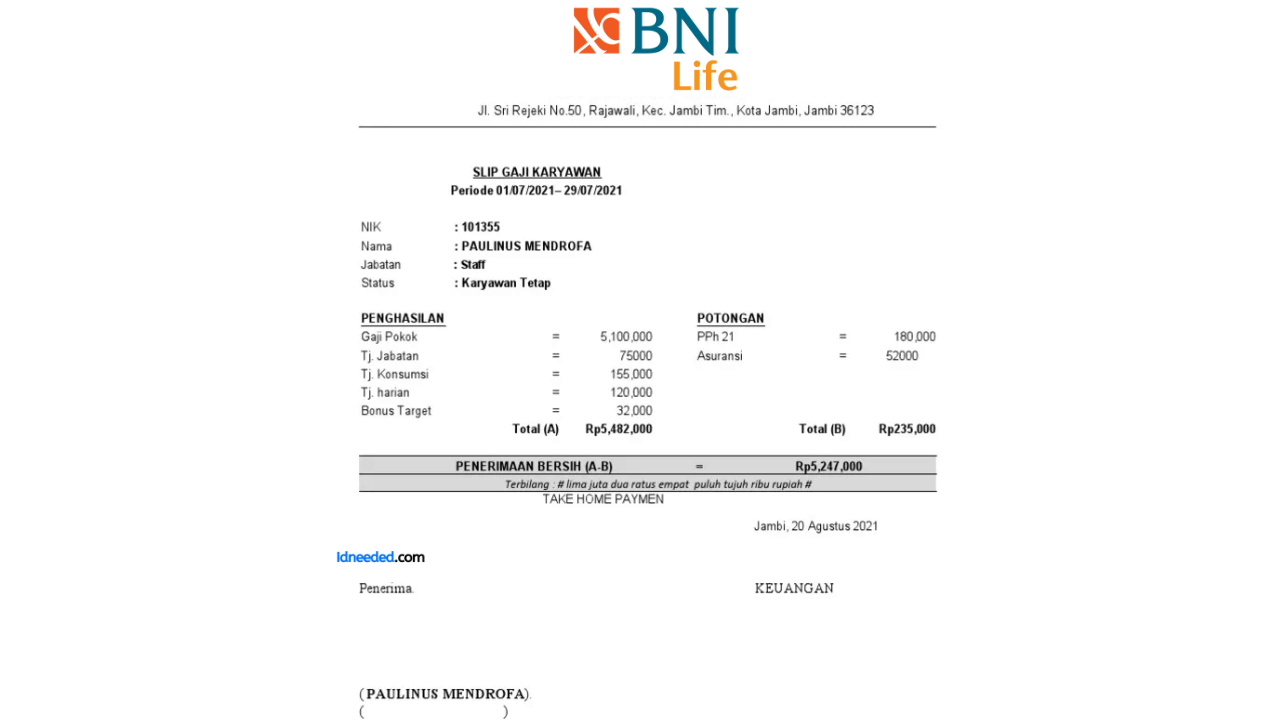 Contoh Slip Gaji Karyawan PT BNI Life Insurance