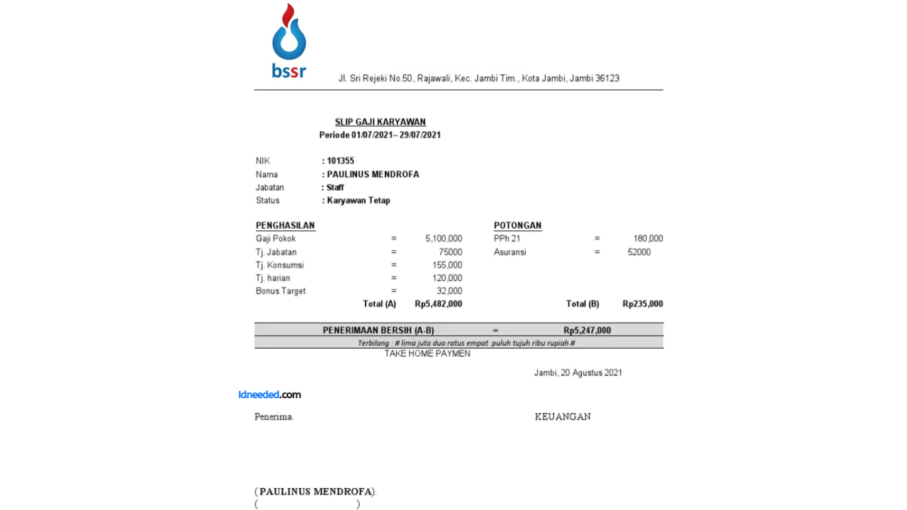 Contoh Slip Gaji Karyawan PT Baramulti Sukses Sarana