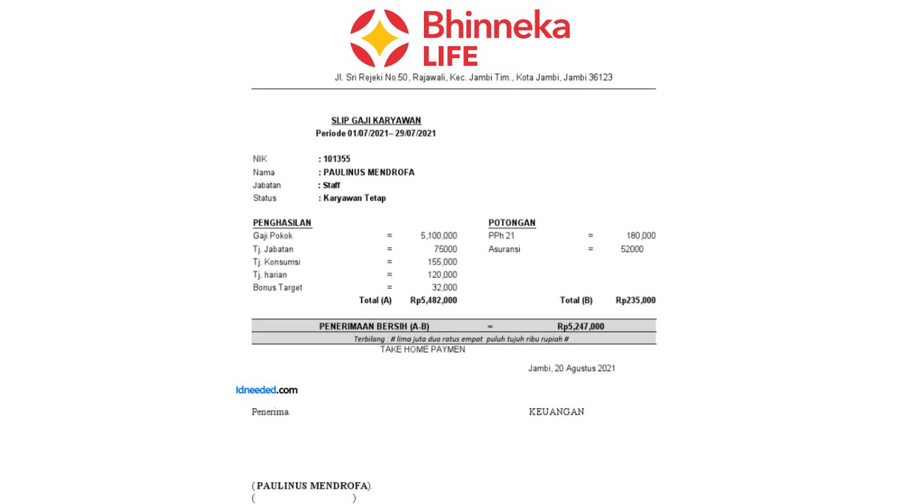 Contoh Slip Gaji Karyawan PT Bhinneka Life Indonesia