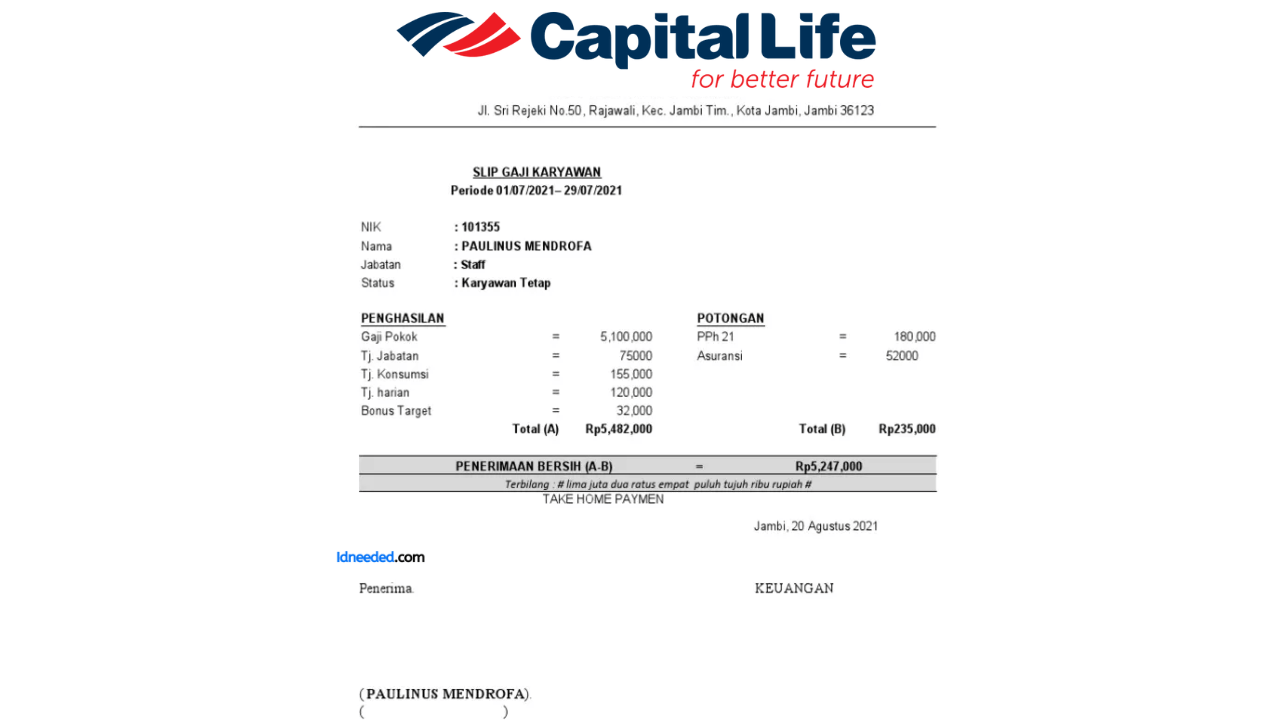 Contoh Slip Gaji Karyawan PT Capital Life Indonesia