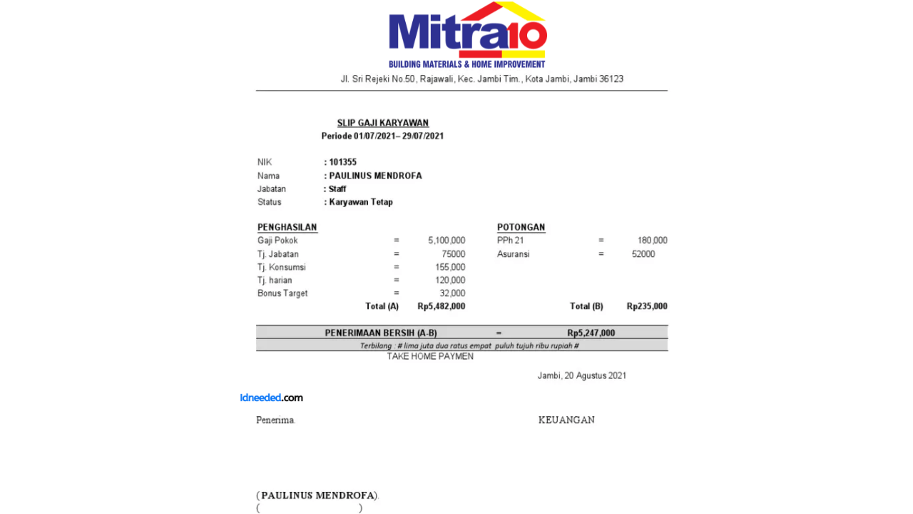 Contoh Slip Gaji Karyawan PT Catur Mitra Sejati Sentosa