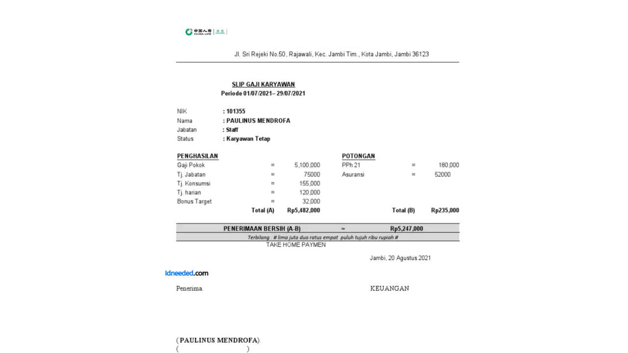 Contoh Slip Gaji Karyawan PT China Life Insurance Indonesia