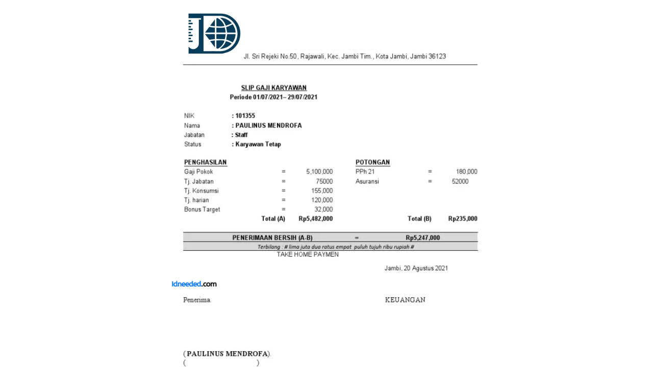Contoh Slip Gaji Karyawan PT Dunia Kimia Jaya