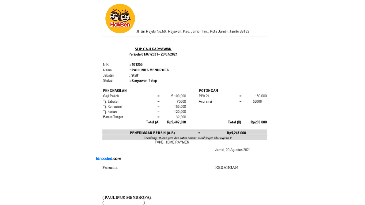 Contoh Slip Gaji Karyawan PT Eka Boga Inti (Hokben)