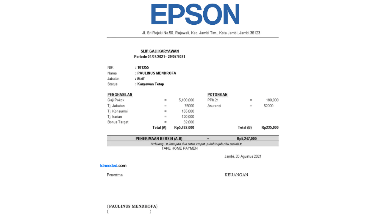 Contoh Slip Gaji Karyawan PT Epson Indonesia