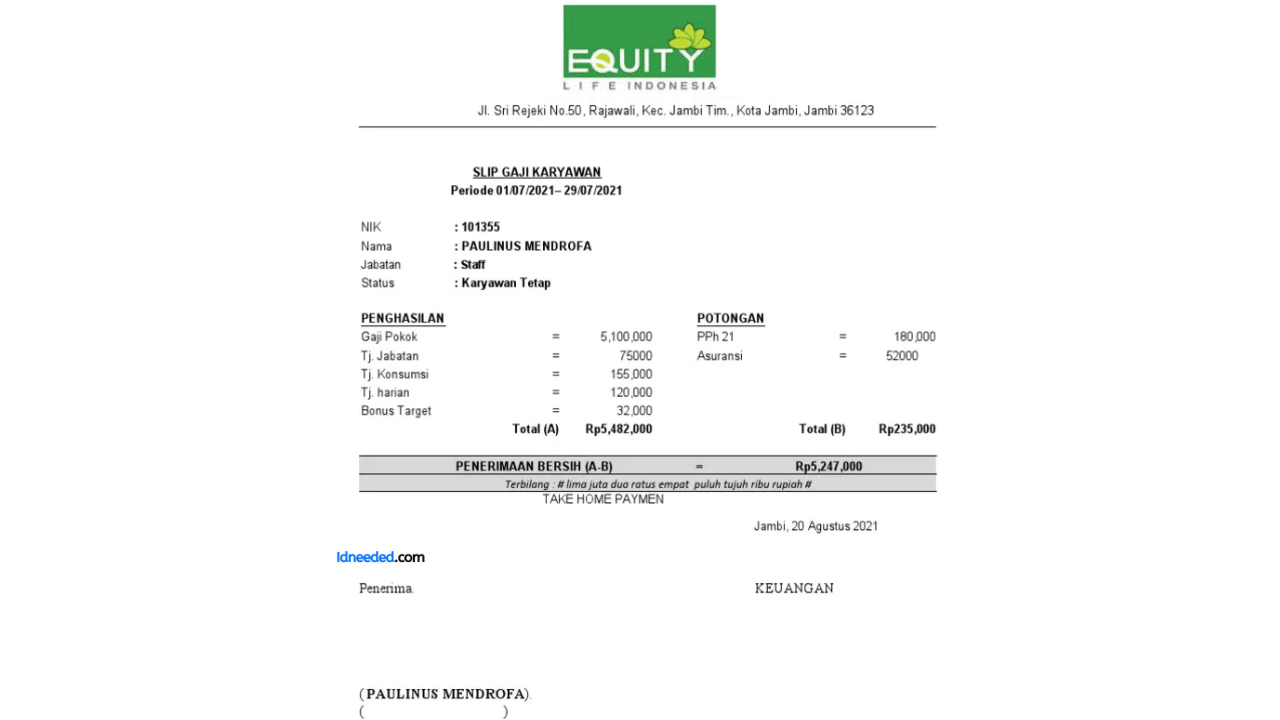 Contoh Slip Gaji Karyawan PT Equity Life Indonesia