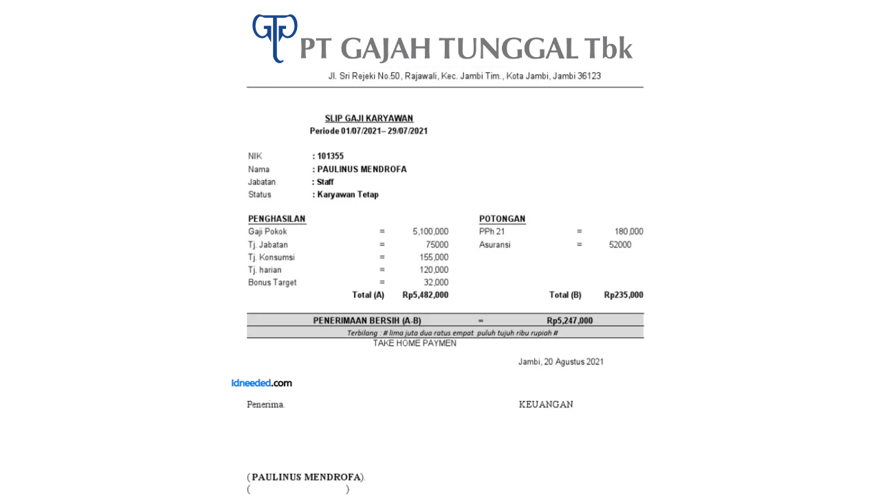 Contoh Slip Gaji Karyawan PT Gajah Tunggal