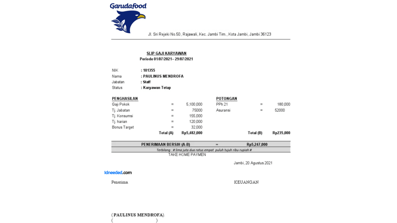 Contoh Slip Gaji Karyawan PT Garudafood Putra Putri Jaya