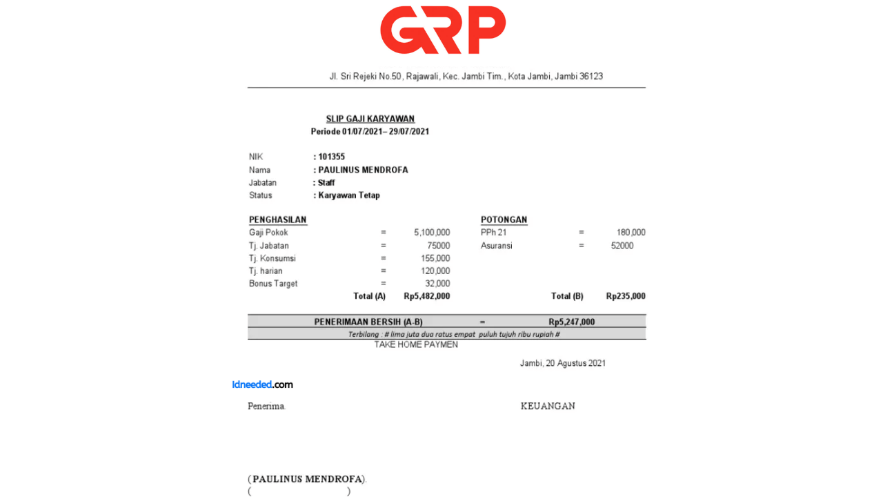 Contoh Slip Gaji Karyawan PT Gunung Raja Paksi