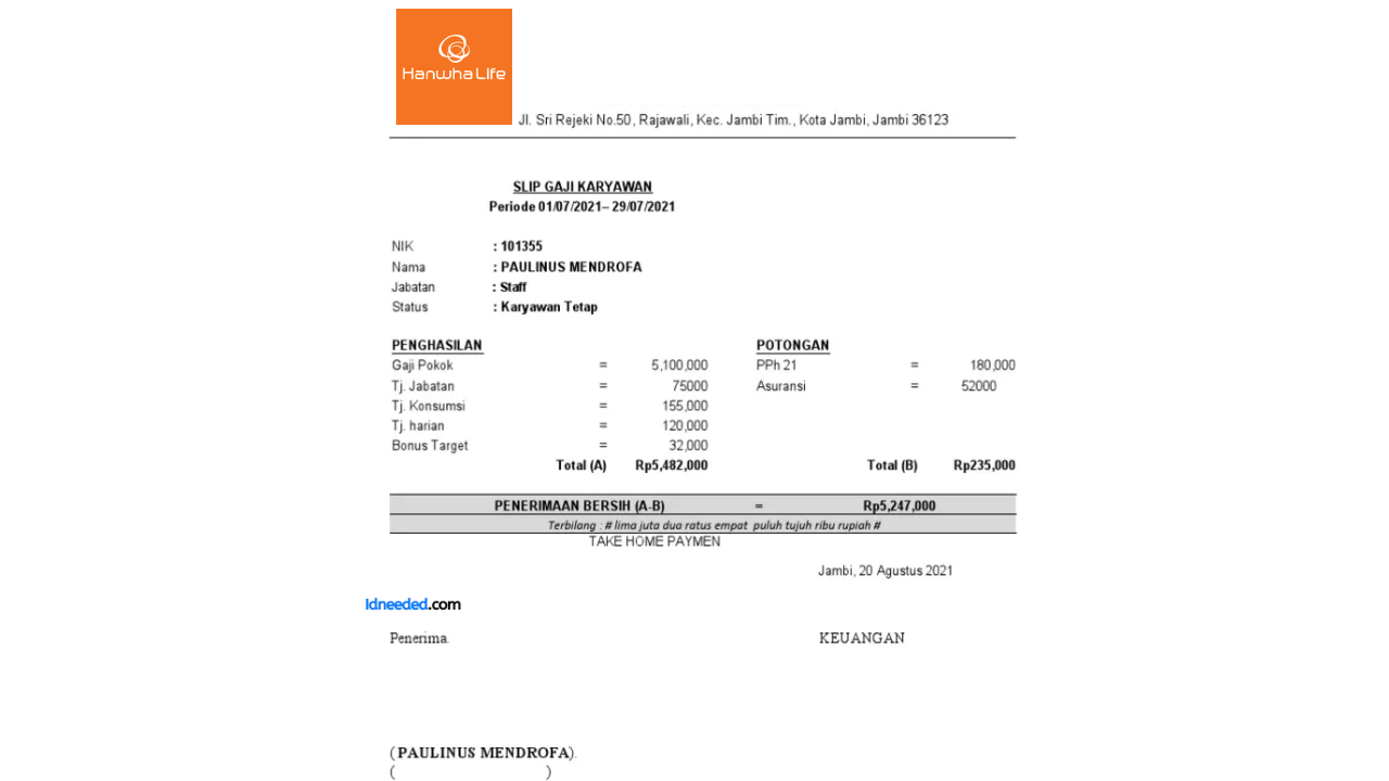 Contoh Slip Gaji Karyawan PT Hanhwa Life Insurance Indonesia