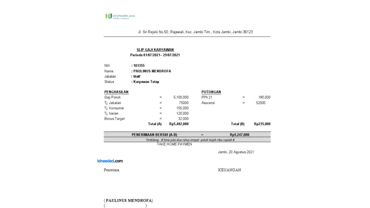 Contoh Slip Gaji Karyawan PT Hexpharm Jaya