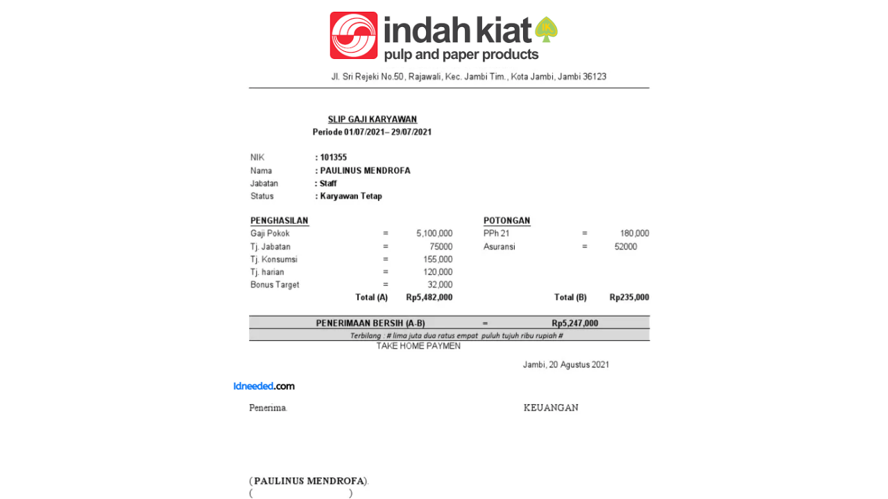 Contoh Slip Gaji Karyawan PT Indah Kiat