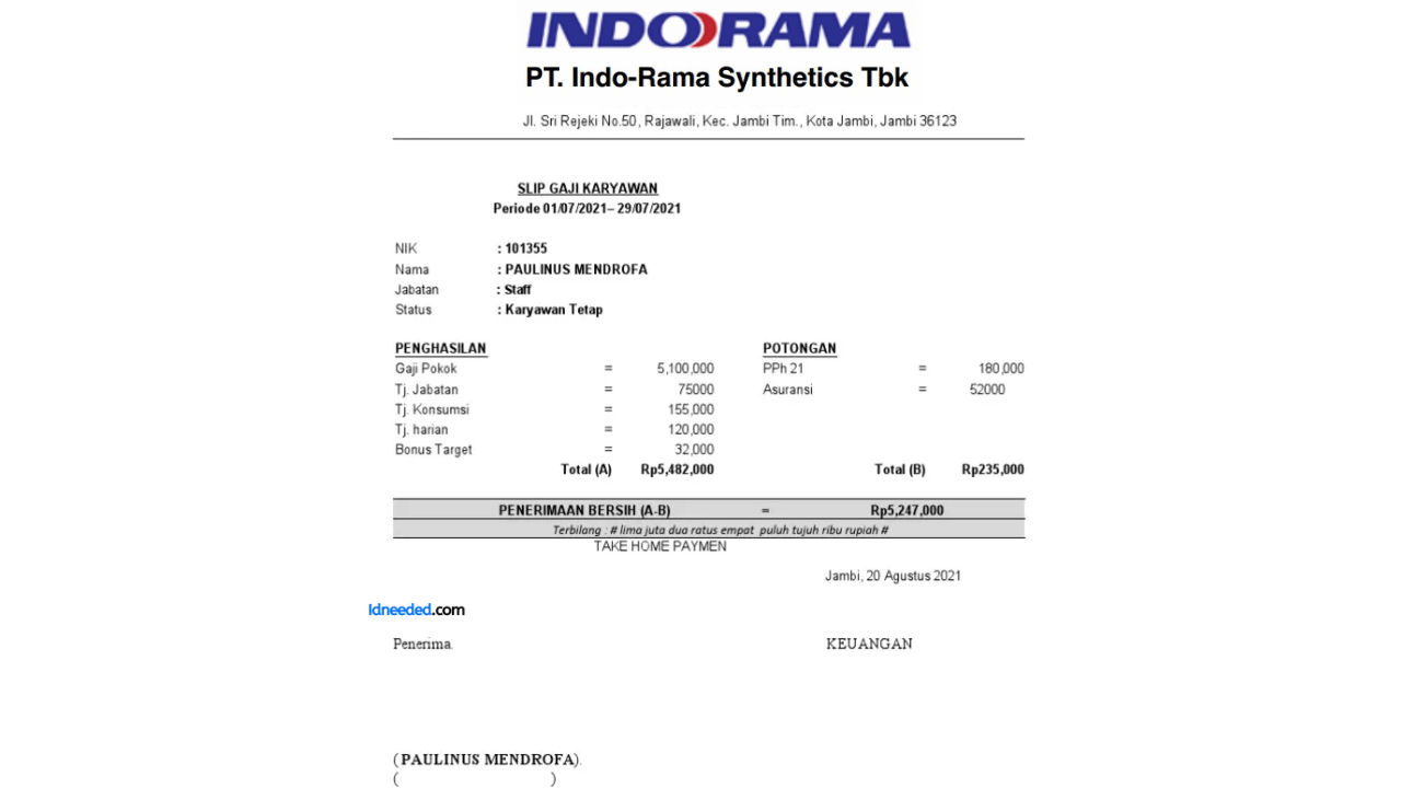 Contoh Slip Gaji Karyawan PT Indo Rama Synthetics