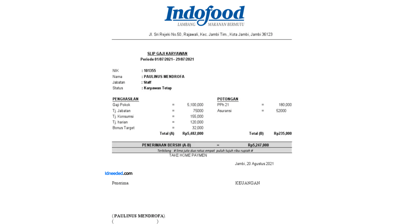 Contoh Slip Gaji Karyawan PT Indofood Sukses Makmur Tbk