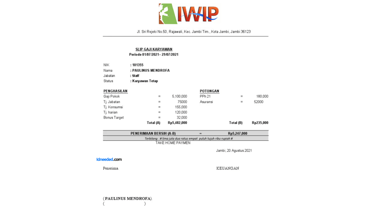 Contoh Slip Gaji Karyawan PT Indonesia Weda Bay Industrial Park