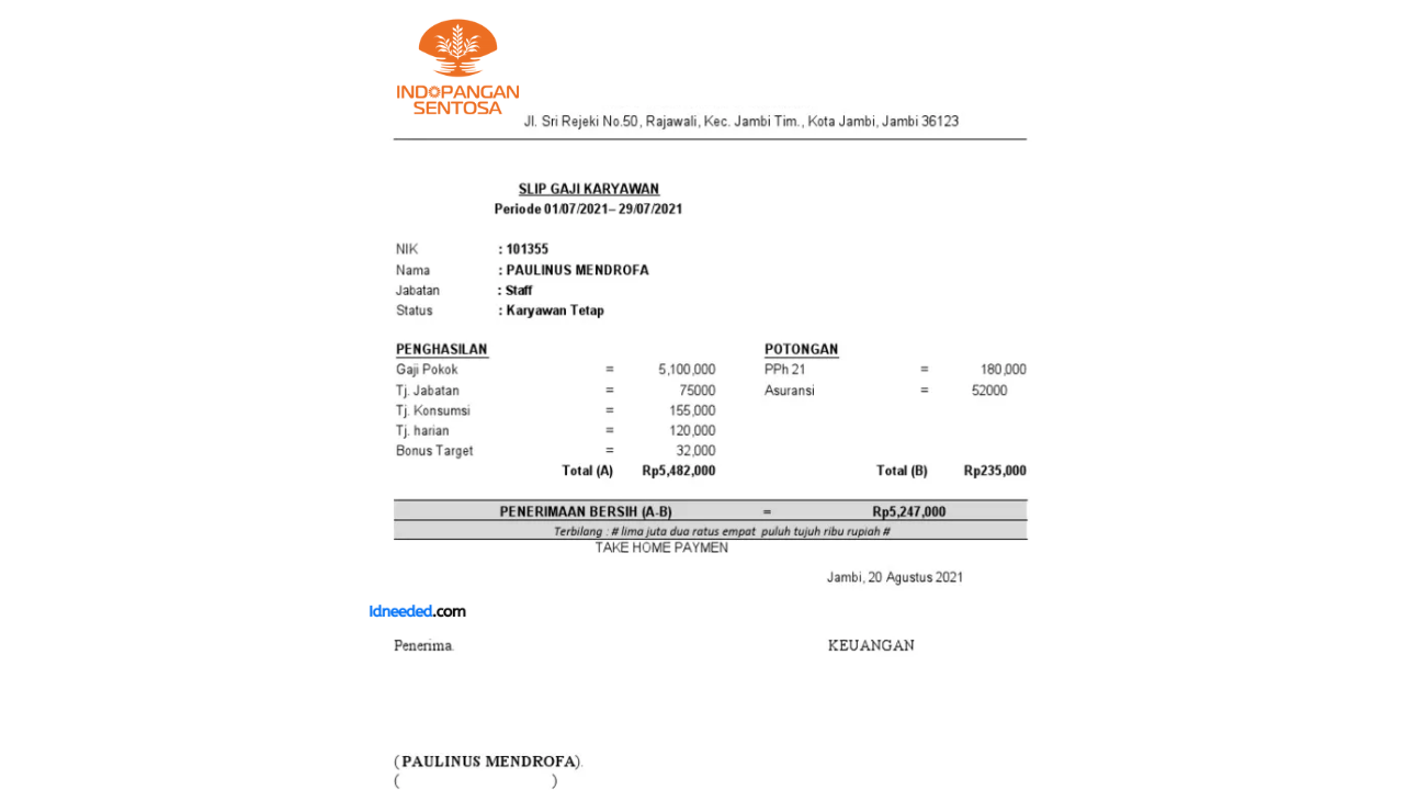 Contoh Slip Gaji Karyawan PT Indopangan