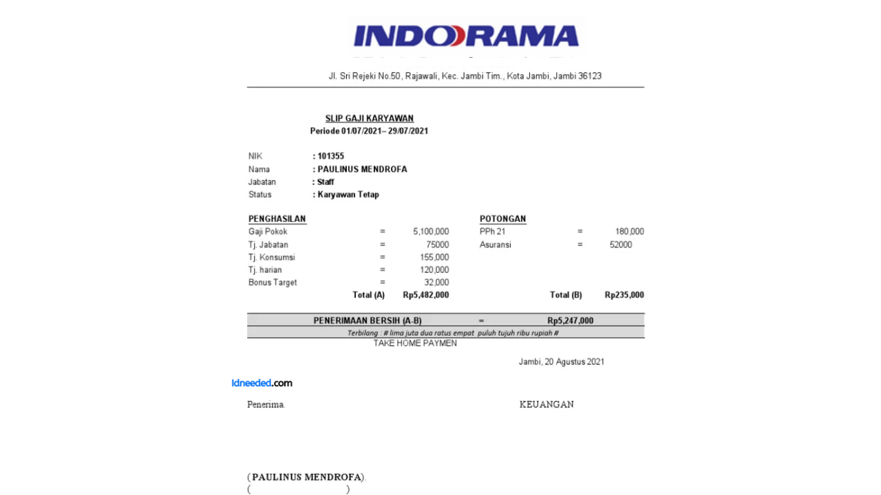 Contoh Slip Gaji Karyawan PT Indorama Purwakarta