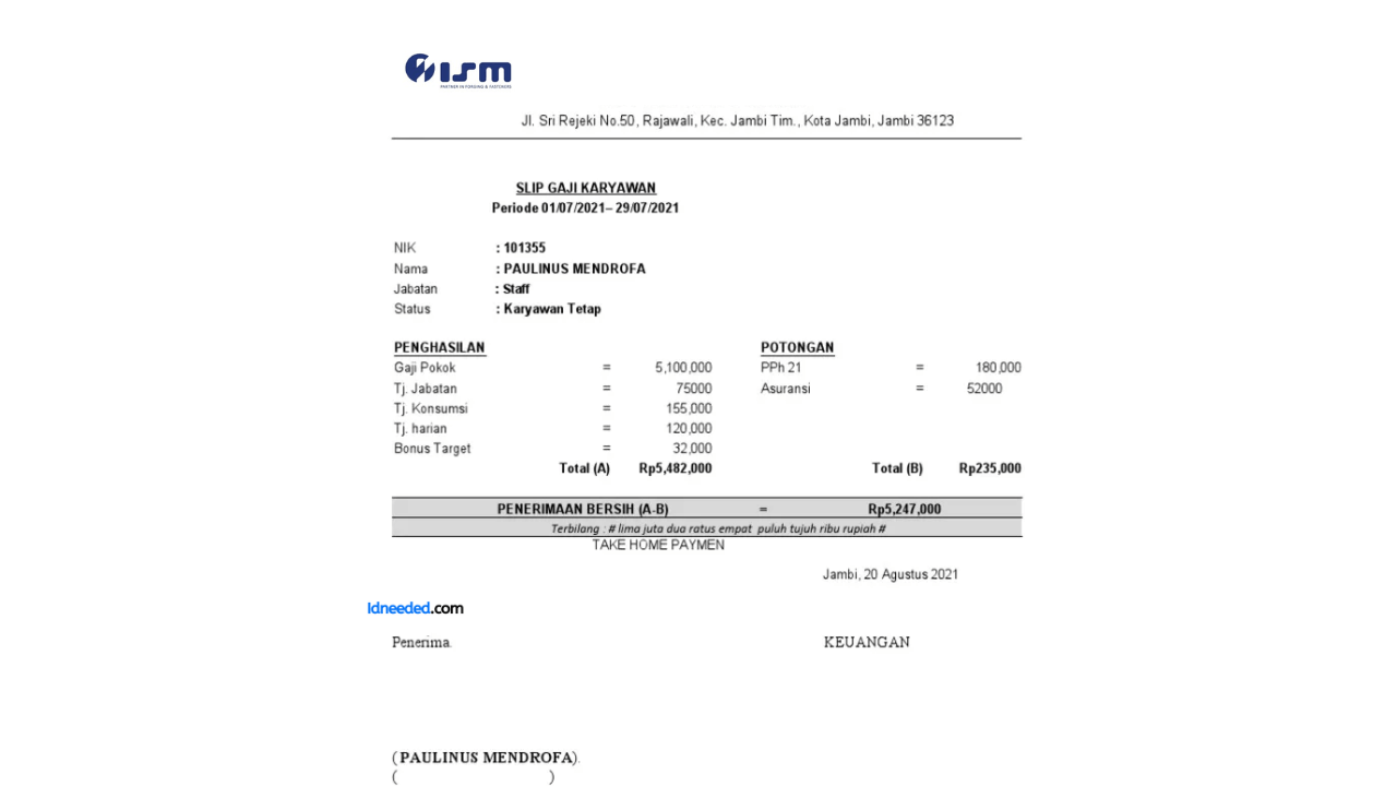 Contoh Slip Gaji Karyawan PT Indoseiki