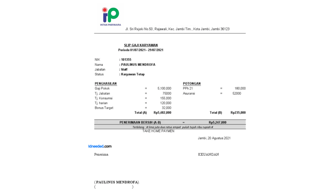 Contoh Slip Gaji Karyawan PT Intan Pariwara