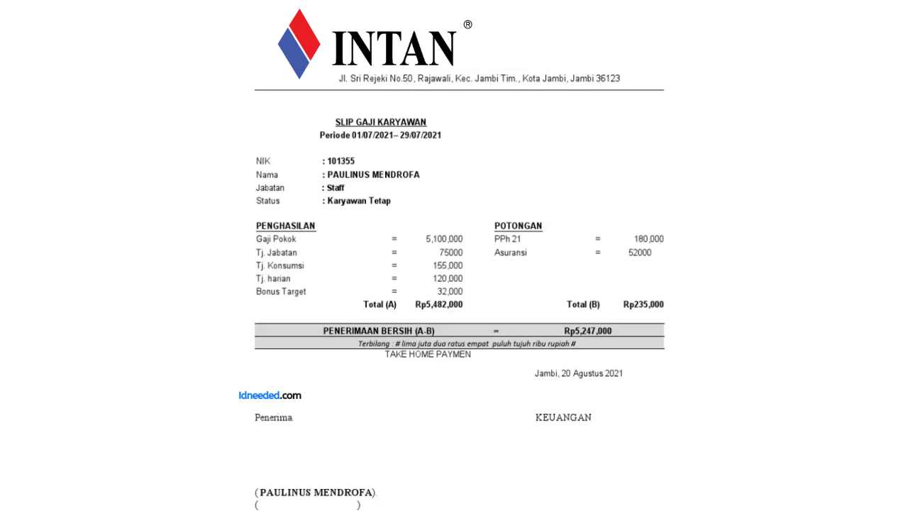 Contoh Slip Gaji Karyawan PT Intan Safety Glass