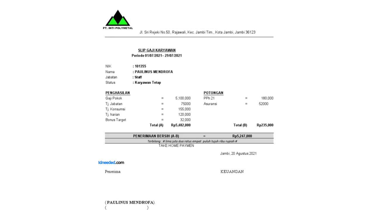 Contoh Slip Gaji Karyawan PT Inti Polymetal