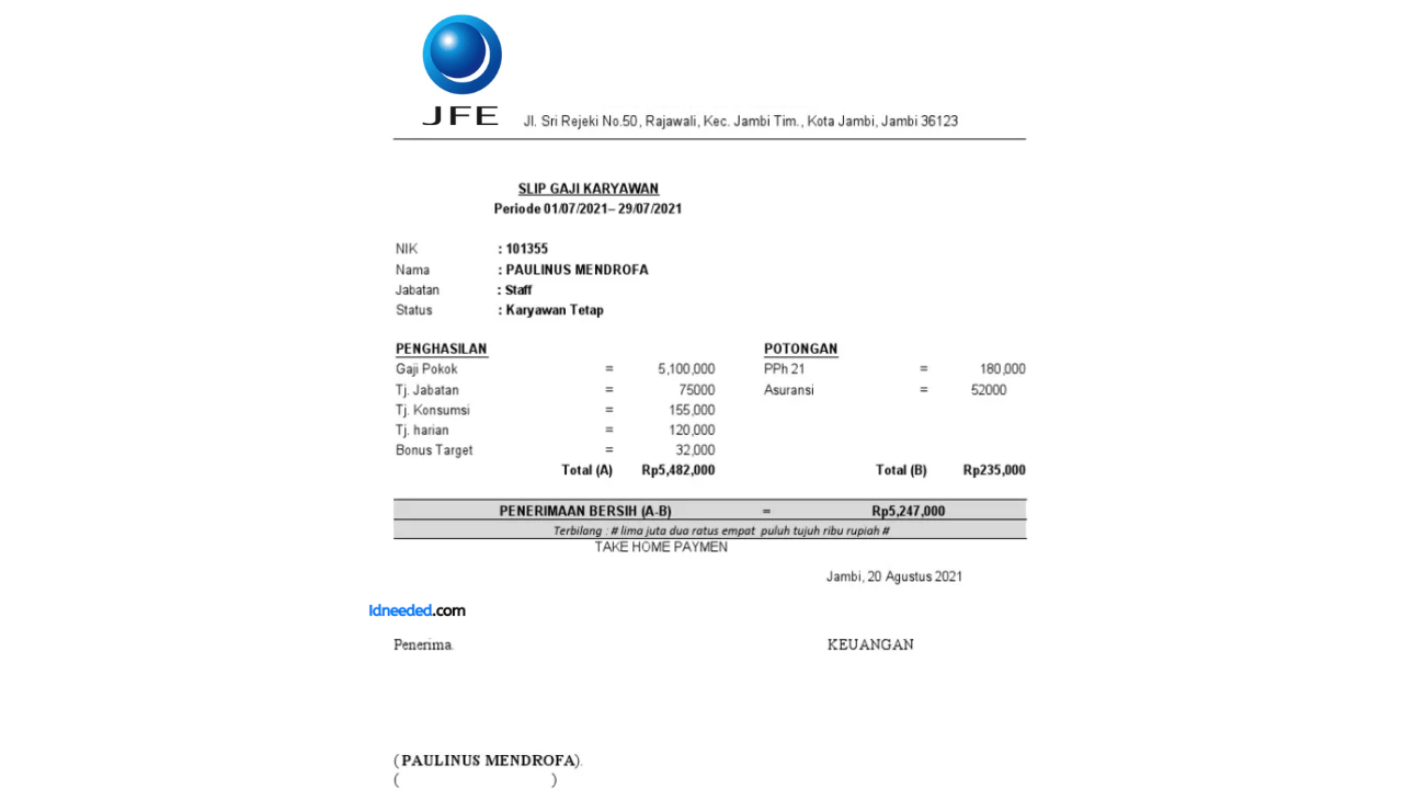 Contoh Slip Gaji Karyawan PT JFE Steel Galvanizing Indonesia