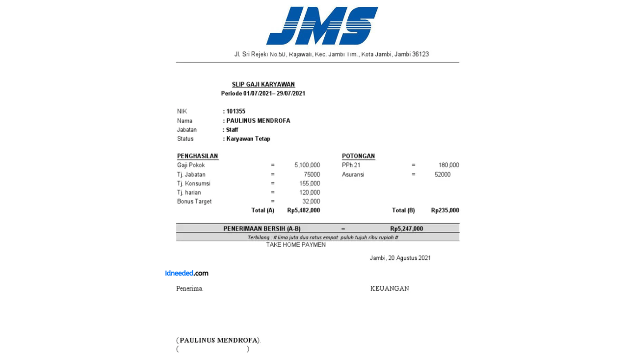 Contoh Slip Gaji Karyawan PT JMS Batam