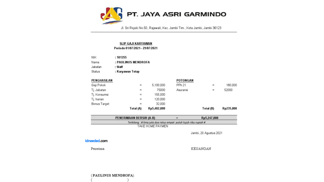 Contoh Slip Gaji Karyawan PT Jaya Asri Garmindo