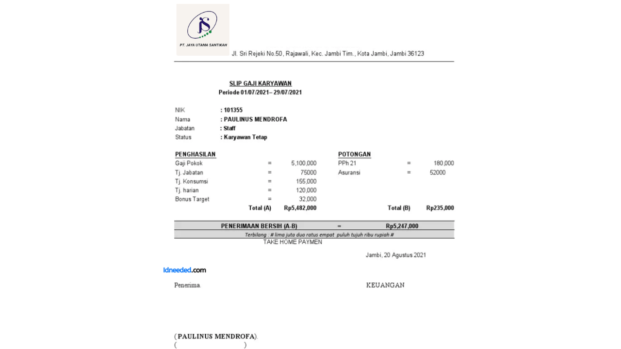 Contoh Slip Gaji Karyawan PT Jaya Utama Santikah