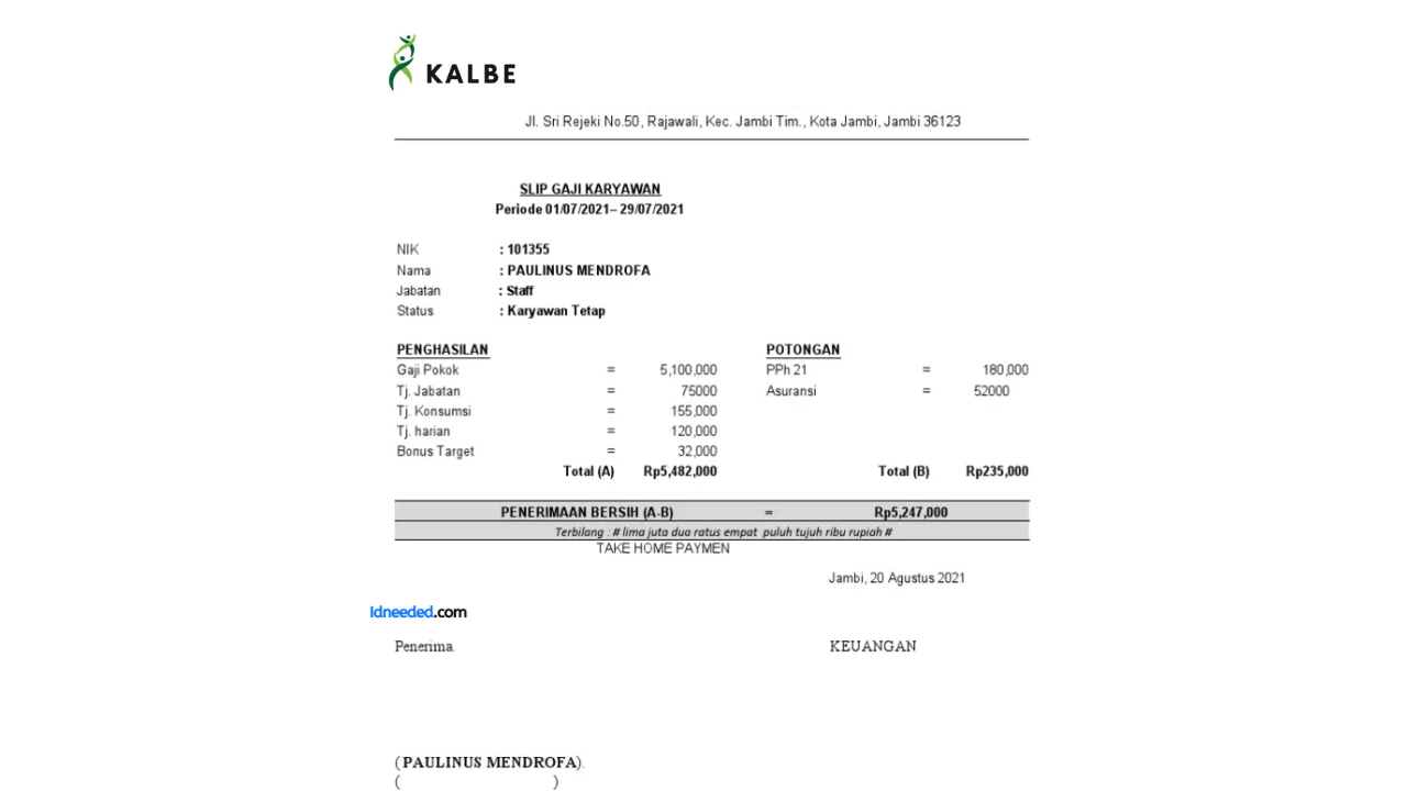 Contoh Slip Gaji Karyawan PT Kalbe Farma