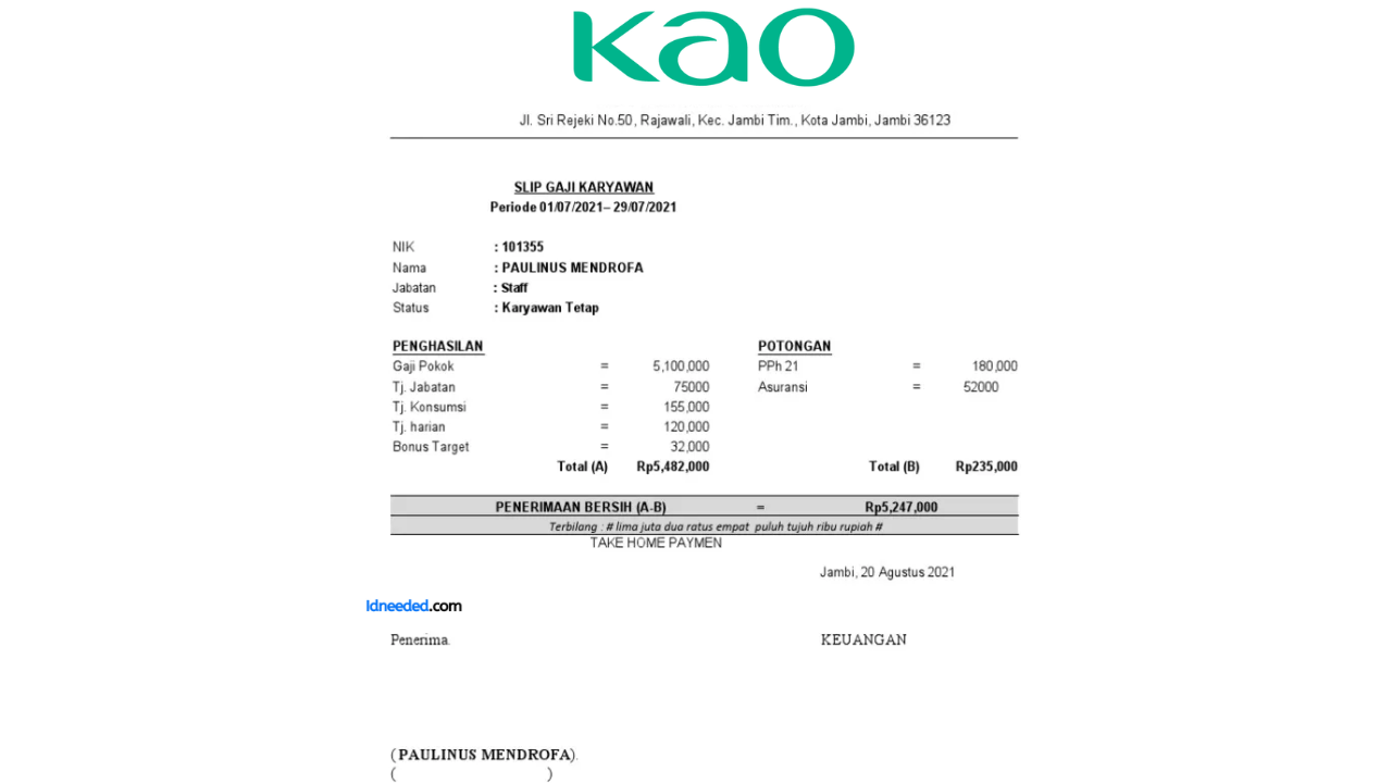 Contoh Slip Gaji Karyawan PT Kao Indonesia Cikarang