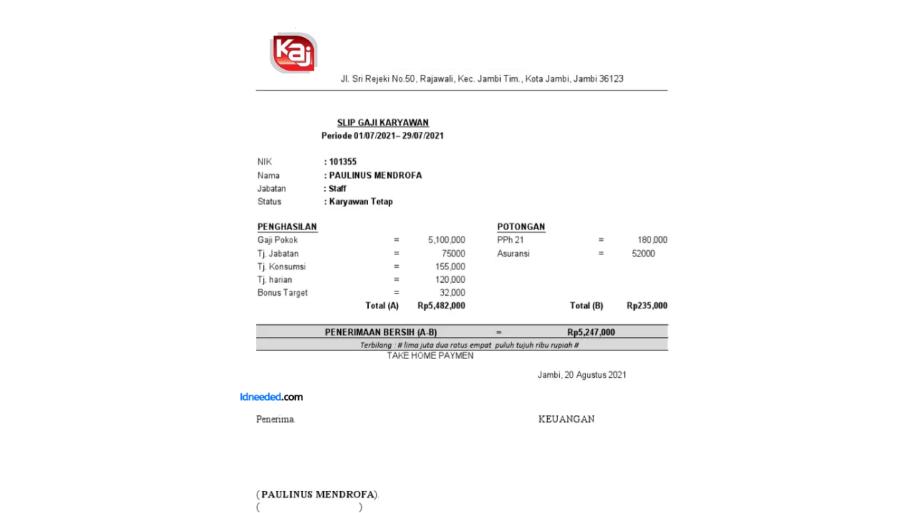 Contoh Slip Gaji Karyawan PT Karya Anugerah Jaya