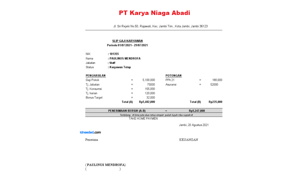 Contoh Slip Gaji Karyawan PT Karya Niaga Abadi