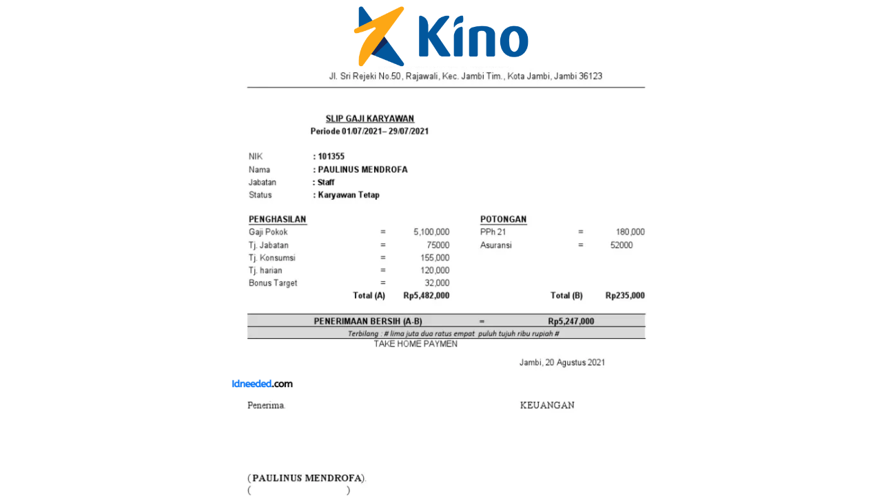 Contoh Slip Gaji Karyawan PT Kinocare Era Kosmetindo