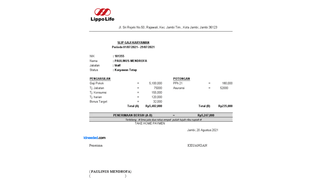 Contoh Slip Gaji Karyawan PT Lippo Life Assurance