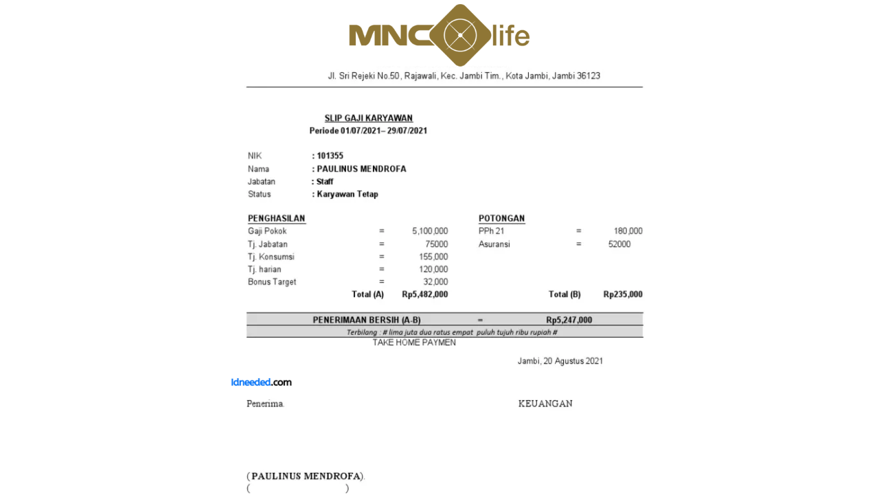 Contoh Slip Gaji Karyawan PT MNC Life Assurance