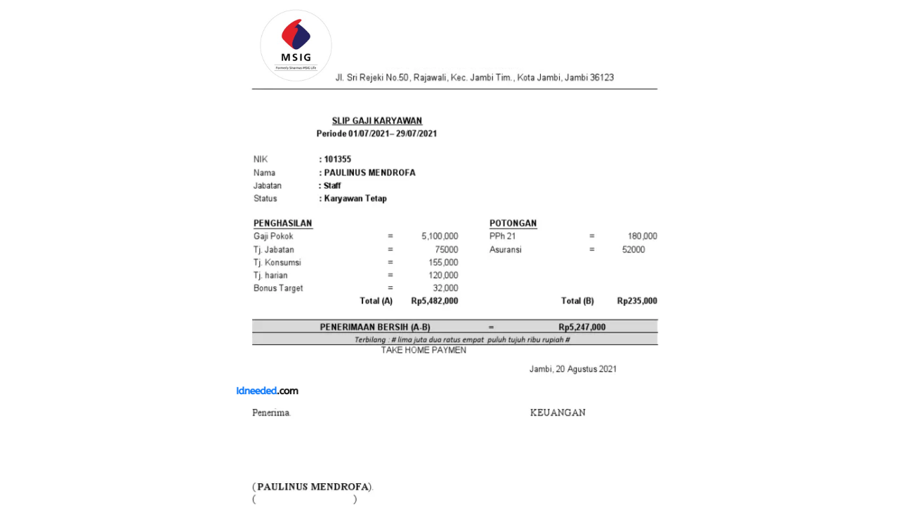 Contoh Slip Gaji Karyawan PT MSIG Life Insurance Indonesia Tbk