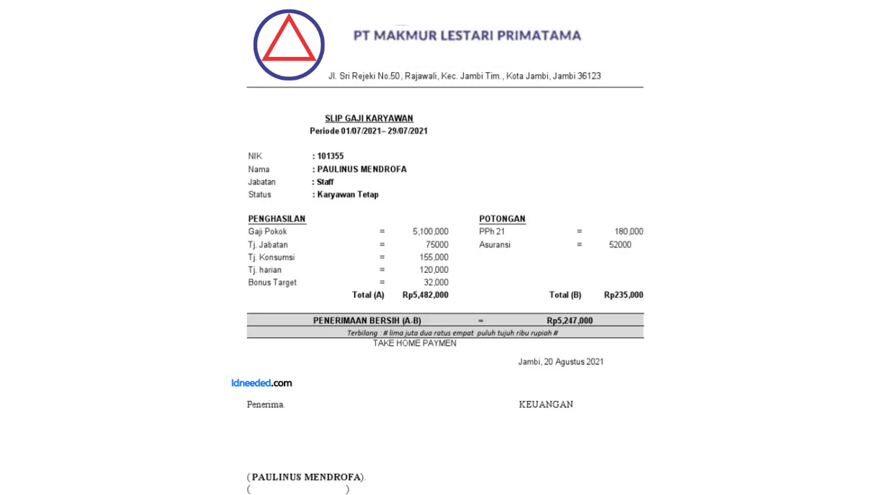 Contoh Slip Gaji Karyawan PT Makmur Lestari Primatama