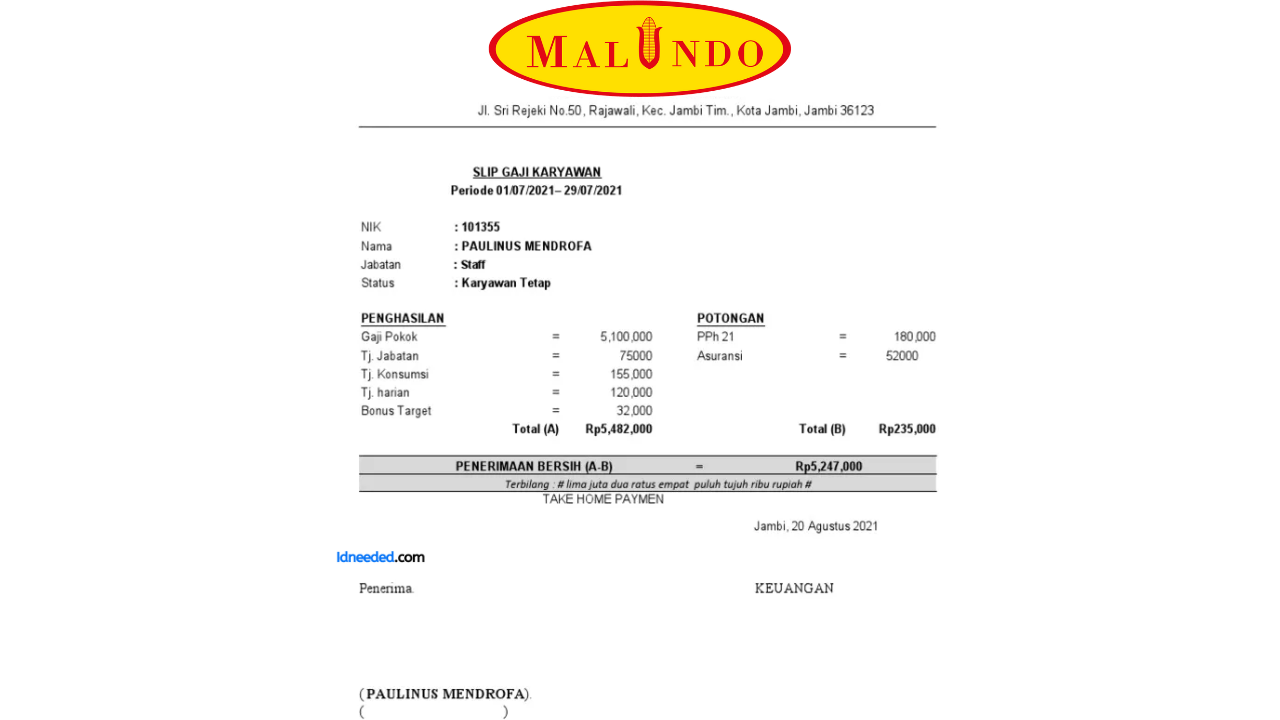 Contoh Slip Gaji Karyawan PT Malindo Feedmill Tbk