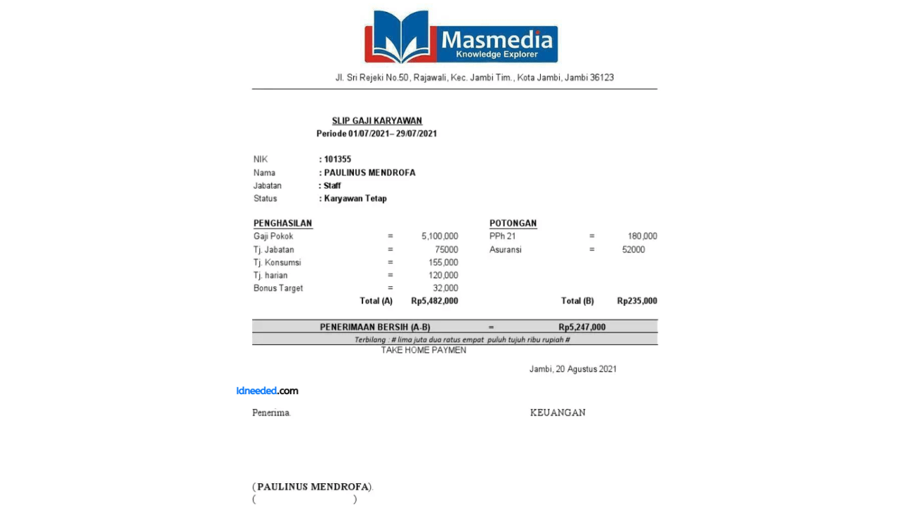 Contoh Slip Gaji Karyawan PT Masmedia Buana Pustaka