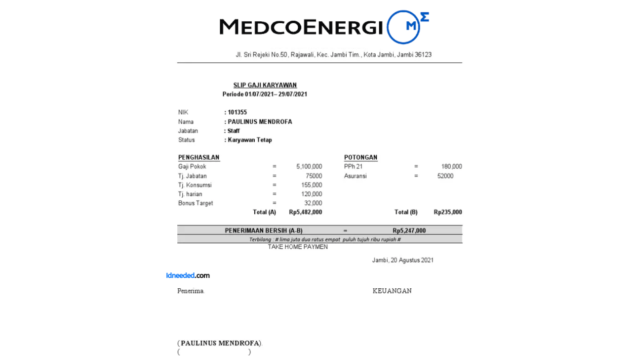 Contoh Slip Gaji Karyawan PT Medco Energi Internasional