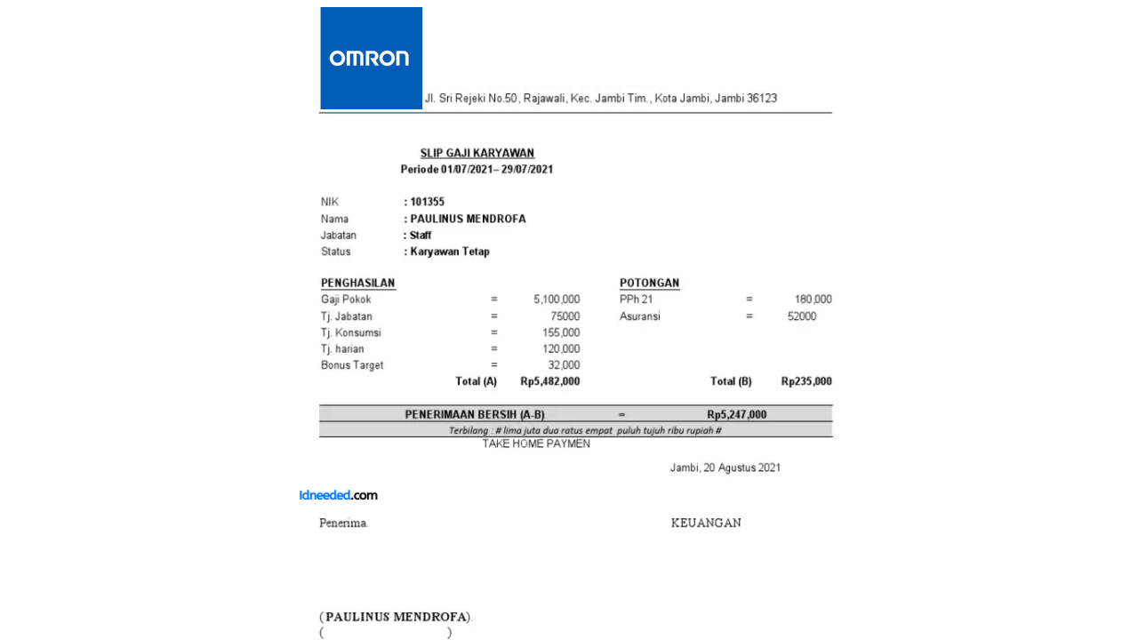 Contoh Slip Gaji Karyawan PT Omron