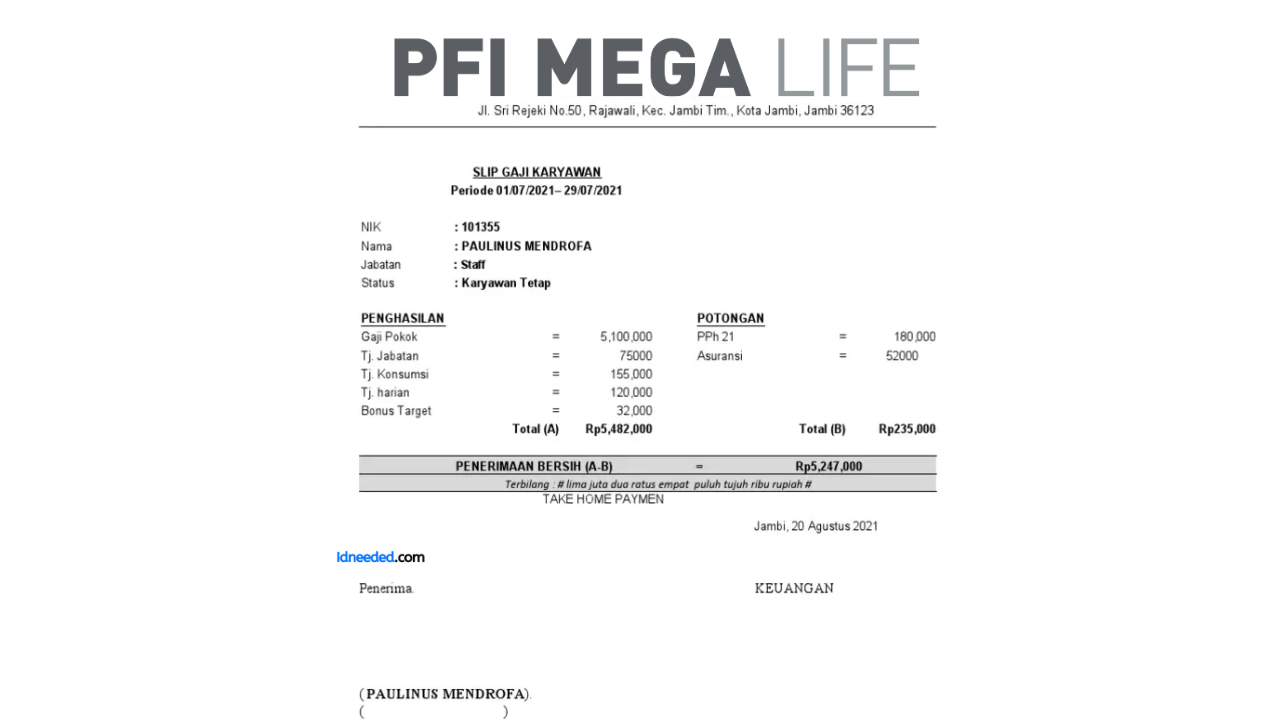 Contoh Slip Gaji Karyawan PT PFI Mega Life Insurance